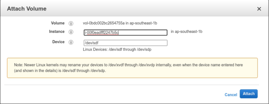 select instance to be attached