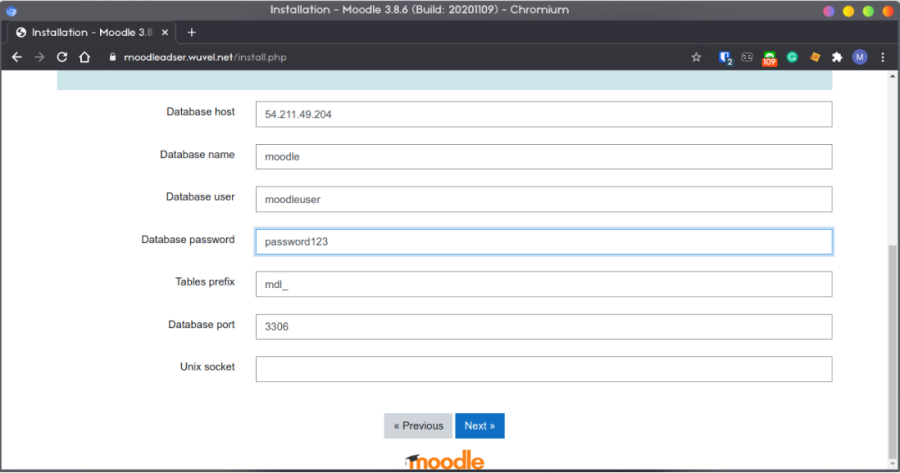 configure db for moodle